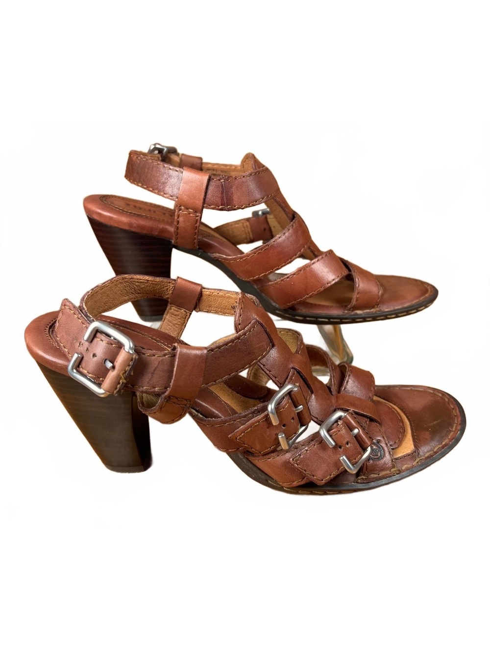 Born Women's Brown Leather Strappy Buckle High Heel Sandals Size 10
